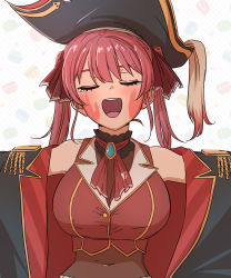 1girl absurdres ascot bicorne black_coat black_hat blush bodystocking breasts brooch closed_eyes coat collar commentary covered_navel cropped_jacket epaulettes facing_viewer food frilled_collar frills hair_ribbon hat highres hololive houshou_marine jacket jangmaseason jewelry large_breasts long_hair macaron macaron_background open_clothes open_coat open_mouth outstretched_arms patterned_background pirate_hat red_ascot red_hair red_jacket red_ribbon ribbon slap_mark slap_mark_on_face sleeveless sleeveless_jacket smile solo tears twintails two-sided_coat two-sided_fabric upper_body virtual_youtuber