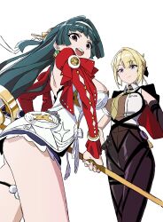 2girls absurdres astra_yao black_pants blonde_hair breasts brown_eyes dress evelyn_chevalier green_hair highres holding holding_staff large_breasts leather leather_pants long_hair looking_at_viewer mugi0913 multiple_girls open_mouth pants purple_eyes shirt short_hair sideboob smile staff teeth upper_teeth_only white_background white_dress white_shirt zenless_zone_zero