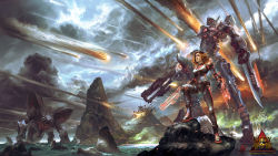 1girl alien arm_blade assault_rifle battle_rifle bodysuit breasts brown_hair cannon cloud cloudy_sky copyright_name cover cover_page daikaiju_(unity) destruction energy epic euphemia_williams explosion f-bomb-001 forest full_body giant giant_monster giant_robot glowing gun height_difference highres hologram holographic_interface island kaiju large_breasts long_hair mecha meteor monster mountain nature ocean official_art pilot_suit plant realistic red_hair rifle robot rock science_fiction sharksden shugoten size_difference sky smoke storm sword tree unity_(series) war water waving weapon wrist_blade