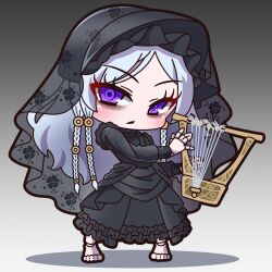 Rule 34 | 1girl, absurdres, bags under eyes, barefoot, black dress, braid, chibi, closed mouth, commentary request, doll joints, dress, elden ring, elden ring nightreign, full body, gradient background, grey background, grey hair, harp, highres, holding, holding instrument, instrument, joints, long hair, looking at viewer, parted bangs, purple eyes, revenant (elden ring), saishosaisekojo, solo, standing, veil, very long hair