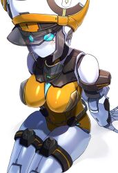 1girl bare_shoulders blue_eyes breasts cowboy_shot hakidashi_11 invisible_chair joints large_breasts leotard phantasy_star phantasy_star_online_2 robot_girl robot_joints simple_background sitting solo white_background yellow_leotard