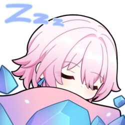 1girl bed_sheet chibi closed_eyes commentary_request crystal earrings honkai:_star_rail honkai_(series) jewelry jiu_fanglianhua lowres march_7th_(honkai:_star_rail) medium_hair pink_hair single_earring sleeping solo sticker_(medium) zzz