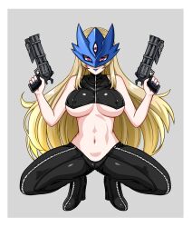 1girl absurdres beelstarmon black_boots black_mask black_pants black_vest blonde_hair boots breasts closed_mouth commentary commission covered_erect_nipples cropped_vest digimon digimon_(creature) eye_mask full_body goriate grey_background gun high_heel_boots high_heels highres holding holding_gun holding_weapon large_breasts leather leather_pants lipstick long_hair looking_at_viewer makeup mask multiple-barrel_gun nail_polish navel pants pink_eyes pixiv_commission purple_lips purple_nails sidelocks simple_background smile solo squatting stomach third_eye tight_clothes tight_pants toned toned_female underboob vest weapon zipper