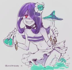 Rule 34 | 1girl, bare shoulders, bikini, bikini skirt, black choker, bracelet, choker, commentary, english commentary, erlenmeyer flask, female focus, flask, flower, hair flower, hair ornament, hair over one eye, half-closed eyes, holding, jewelry, little witch academia, long hair, looking at viewer, mushroom, navel, pale skin, potion, purple eyes, red eyes, shaded face, sharp teeth, simple background, smile, solo, splashing, striped bikini, striped clothes, sucy manbavaran, swimsuit, taikodon, teeth, thighs, twitter username, water, watermark, white background