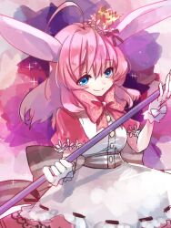 Rule 34 | 1girl, ahoge, animal ears, apron, belt ribbon, black ribbon, blue eyes, crown, emil chronicle online, gloves, holding, holding rod, maid apron, minnie doe alma, neck ribbon, pink hair, pink ribbon, rabbit ears, rabbit girl, ribbon, rod, smile, white gloves