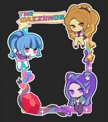 3girls adagio_dazzle adagio_dazzle_(human) aqua_hair aqua_skin aria_blaze aria_blaze_(human) blue_hair blush_stickers character_name chibi chibi_only chinese_commentary colored_skin commentary_request curly_hair english_text full_body gem grid_background hair_ornament highres long_hair lwen multicolored_hair multiple_girls musical_note my_little_pony my_little_pony:_equestria_girls my_little_pony:_friendship_is_magic orange_hair outline ponytail purple_hair purple_skin red_eyes red_gemstone sonata_dusk sonata_dusk_(human) sparkle star_(symbol) star_hair_ornament streaked_hair tsurime twintails white_outline yellow_skin