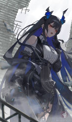 1girl abroccoli absurdres angry artist_name asymmetrical_horns black_bow black_bowtie black_gloves black_hair black_skirt blue_hair bow bowtie center-flap_bangs clothing_cutout colored_inner_hair cowboy_shot d: demon_horns feather-trimmed_sleeves floating_hair gloves hand_up highres hololive hololive_english horns long_hair looking_ahead multicolored_hair nerissa_ravencroft nerissa_ravencroft_(1st_costume) open_mouth pencil_skirt red_eyes ribbed_shirt ruins shirt shoulder_cutout skirt solo teeth thigh_strap underbust uneven_horns upper_teeth_only v-shaped_eyebrows very_long_hair vest virtual_youtuber waistcoat watermark white_shirt