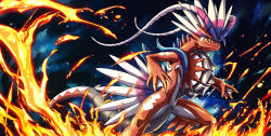 Rule 34 | absurdres, closed mouth, commentary request, fire, fish.boy, from side, highres, koraidon, legs apart, nintendo, no humans, orange eyes, outdoors, pokemon, pokemon (creature), solo, spikes, standing