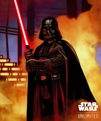 1boy armor black_cape black_gloves black_helmet borja_pindado cape copyright_name darth_vader energy_sword english_text gloves helmet holding holding_sword holding_weapon lightsaber red_lightsaber solo star_wars star_wars:_the_empire_strikes_back star_wars:_unlimited sword weapon