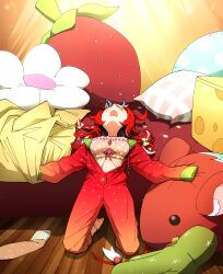 1girl absurdres babydoll braid breasts d: ddolbang food_print fruit_print hakos_baelz hakos_baelz_(5th_costume) highres hololive hololive_english hood hood_down jdon_in_my_soul_(meme) kneeling leaning_back long_hair medium_breasts meme multicolored_hair open_mouth pajamas partially_unbuttoned pink_babydoll red_hair red_pajamas saliva sleeping sleepwear sleeves_past_fingers sleeves_past_wrists solo strawberry_print streaked_hair stuffed_toy virtual_youtuber white_streaks