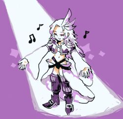 1boy black_boots boots claws closed_eyes colored_tips commentary eyeshadow final_fantasy final_fantasy_ix full_body high_heel_boots high_heels highres kuja long_hair long_sleeves makeup male_focus midriff multicolored_hair music musical_note navel open_mouth outstretched_arms purple_hair purple_theme red_eyeshadow shrug_(clothing) singing smile snoozaga solo sparkle spoken_musical_note spotlight thigh_boots waist_cape white_hair wide_sleeves