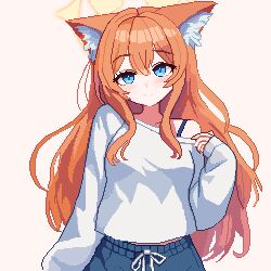 Rule 34 | 1girl, alternate costume, alternate hairstyle, animal ear fluff, animal ears, arm at side, blue archive, blue eyes, blush, cat ears, cat girl, closed mouth, commentary, cowboy shot, double-parted bangs, hair between eyes, hair down, halo, hand up, highres, long hair, looking at viewer, mari (blue archive), orange hair, pixel art, shirt, sidelocks, simple background, single bare shoulder, sleeves past wrists, smile, solo, tinia etru, very long hair, white background, white shirt, yellow halo