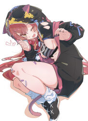 1girl :3 absurdres bandaid bandaid_on_knee bandaid_on_leg bike_shorts black_nails black_shoes bra breasts cat_tail double-parted_bangs fang fetal_position hair_between_eyes highres hood hood_up latte_(rq_ten) long_hair loose_socks nekota_tsuna nekota_tsuna_(1st_costume) one_eye_closed open_mouth orange_eyes red_hair shoes shrug_(clothing) sideboob simple_background socks solo striped_bra striped_clothes tail torn_clothes underwear virtual_youtuber vspo! white_background white_socks