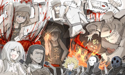 :3 @_@ anton_(project_moon) bad_id bad_pixiv_id black_hair blonde_hair blood brown_hair chef chopping closed_eyes cooking drinking drooling drooling_blood extra_mouth fork greta_(project_moon) grey_eyes hair_ornament hairpin highres hod_(project_moon) holding holding_fork holding_knife holding_microphone_stand jack_(project_moon) kankan33333 knife lesti_(project_moon) library_of_ruina mask meme messy_hair microphone microphone_stand pierre_(project_moon) pot project_moon red_eyes salt_bae_(meme) shark sharp_teeth smile sweeper_(project_moon) teeth the_carnival_(project_moon) translated wavy_mouth white_hair