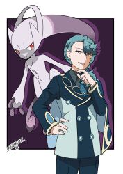 Rule 34 | 1boy, 99akt1031, absurdres, border, buttons, creatures (company), double-breasted, game freak, gen 1 pokemon, grin, hair ornament, hand on own hip, hand up, highres, jacket, legendary pokemon, long hair, long sleeves, male focus, mega mewtwo y, mega pokemon, mewtwo, necktie, nintendo, outside border, pants, pokemon, pokemon (anime), pokemon (creature), pokemon horizons, purple background, shirt, side cape, smile, spinel (pokemon), teeth, twitter username, white border