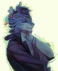 1boy animal_ear_piercing backlighting black_jacket blue_eyes bracelet furry furry_male hand_on_own_neck ixbalanque_(housamo) jacket jewelry male_focus multiple_bracelets shirt simple_background solo sora-ya_(uya_kyo) tokyo_houkago_summoners upper_body white_background white_shirt