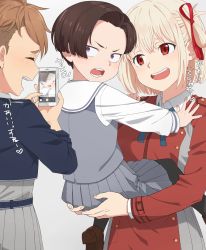 3girls :d absurdres black_pantyhose blonde_hair blush brown_footwear brown_hair closed_eyes dress grey_skirt hair_ribbon harukawa_fuki highres holding holding_phone komiya_harumoto light_brown_hair long_sleeves looking_back lycoris_recoil lycoris_uniform multiple_girls nishikigi_chisato open_mouth otome_sakura pantyhose phone purple_eyes red_eyes red_ribbon ribbon school_uniform short_hair simple_background skirt smile standing sweatdrop taking_picture two-tone_dress