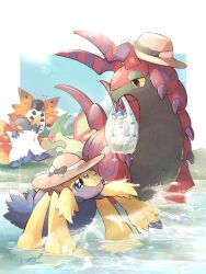 Rule 34 | +++, bag, black eyes, blue sclera, blue sky, bottle, bow, brown hat, clothed pokemon, colored sclera, commentary, extra eyes, flygon, flying, galvantula, gen 3 pokemon, gen 5 pokemon, hat, hat bow, highres, holding, holding bag, horns, insect wings, knhb tail, multiple wings, nintendo, no humans, open mouth, outdoors, plastic bag, pokemon, pokemon (creature), river, scolipede, sky, slither wing, sparkling eyes, splashing, standing, summer, sun, sun hat, sunlight, volcarona, wading, water, water bottle, wings, yellow sclera