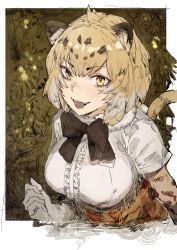 1girl absurdres animal_ears animal_print ant arm_at_side black_bow black_hair border bow bowtie bug center_frills clenched_hand elbow_gloves fangs female_focus frills fur_collar gloves grey_hair hand_up high-waist_skirt highres hiranko insect jaguar_(kemono_friends) jaguar_ears jaguar_tail kemono_friends leopard_print looking_at_viewer medium_hair multicolored_hair open_mouth orange_hair print_gloves print_skirt shirt short_sleeves signature skirt smile solo tail upper_body white_shirt yellow_eyes