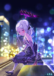 1girl 951159498 absurdres black_halo black_horns blue_archive blush breasts building demon_girl demon_horns demon_wings dress earrings elbow_gloves evening_gown floating_earring gloves halo highres hina_(blue_archive) hina_(dress)_(blue_archive) horns jewelry looking_at_viewer multicolored_halo multiple_horns night official_alternate_costume official_alternate_hairstyle outdoors pantyhose pendant purple_dress purple_eyes purple_gloves purple_pantyhose purple_wings sitting small_breasts solo strapless strapless_dress two-tone_halo white_hair wings