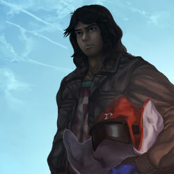 1boy bad_id bad_pixiv_id black_hair blue_eyes blue_gloves doro_in from_below gatchaman gloves helmet holding holding_helmet jacket ken_the_eagle male_focus shaded_face solo spoilers upper_body
