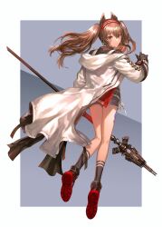 Rule 34 | 1girl, absurdres, angelina (arknights), animal ears, arknights, black boots, black gloves, black shirt, black shoes, black socks, blush, boots, border, brown eyes, brown hair, closed mouth, coat, commentary request, floating clothes, fox ears, fox girl, from behind, full body, gloves, hair between eyes, hairband, highres, holding, holding staff, holding weapon, jacket, kneehighs, long hair, long sleeves, looking at viewer, material growth, open clothes, open coat, open jacket, oripathy lesion (arknights), outside border, purple background, qingtianmian, red eyes, red jacket, shirt, shoe soles, shoes, smile, socks, solo, staff, standing, striped clothes, striped hairband, twintails, two-tone hairband, unzipped, weapon, white border, white coat, white jacket