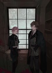 22kolink 2boys belt cape capelet coat collared_shirt double_face_(ensemble_stars!) ensemble_stars! formal_clothes highres indoors jacket long_sleeves mikejima_madara military_uniform multiple_boys necktie oukawa_kohaku pants pink_hair red_necktie shirt short_hair suit window