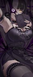 1girl absurdres arm_strap armpits black_choker black_dress black_hair black_nails black_thighhighs book breasts choker cleavage closed_mouth dress green_ribbon grey_hair highres holding holding_book hololive hololive_english jewelry large_breasts long_hair looking_at_viewer multicolored_hair pitespear ribbon ring shiori_novella shiori_novella_(1st_costume) slime_(substance) solo split-color_hair striped_clothes striped_thighhighs thighhighs two-tone_hair virtual_youtuber yellow_eyes yorick_(shiori_novella)