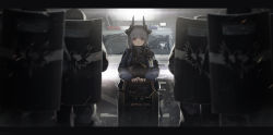 arknights armored_personnel_carrier armored_vehicle asicah ballistic_shield brown_eyes car crack cracked_glass cracked_window dazzler_(weapon) dragon_horns electroshock_weapon flash_shield grey_hair hands_on_hilt highres horns hummer humvee id_card jacket lens_flare less-than-lethal_weapon letterboxed liskarm_(arknights) looking_at_viewer motor_vehicle red_eyes riot_shield scarf serious shield solo_focus stun_shield
