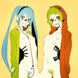2girls 44zou aqua_hair aqua_pubic_hair breasts colored_pubic_hair cowboy_shot female_pubic_hair green_hair green_pubic_hair grin gumi hatsune_miku headphones hood hoodie long_hair looking_at_viewer matryoshka_(vocaloid) medium_breasts multicolored_eyes multiple_girls naked_hoodie navel nipple_piercing nipples piercing pubic_hair short_hair small_breasts smile tattoo twintails very_long_hair vocaloid