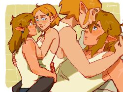 1boy 1girl black_pants blonde_hair blush brown_hair carrying carrying_person closed_eyes face-to-face hand_on_another&#039;s_back hand_on_another&#039;s_shoulder hand_on_another&#039;s_waist hetero highres kiss kissing_forehead laenarra link long_hair looking_at_another nintendo open_mouth pants pointy_ears princess_zelda shirt short_hair sleeveless sleeveless_shirt smile tank_top the_legend_of_zelda the_legend_of_zelda:_breath_of_the_wild the_legend_of_zelda:_tears_of_the_kingdom twitter_username yellow_tank_top