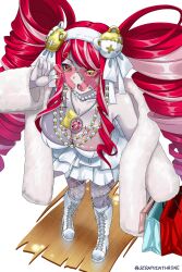 1girl alternate_breast_size boots breasts cleavage commentary commission diamond-shaped_pupils diamond_(shape) dress drill_hair english_commentary frilled_dress frills gradient_eyes green_eyes heterochromia highres hololive hololive_indonesia kureiji_ollie kureiji_ollie_(mafia_princess) large_breasts long_hair looking_at_viewer multicolored_eyes multicolored_hair official_alternate_costume official_alternate_hairstyle patchwork_skin pink_hair red_eyes red_hair seraphim_throne smile solo streaked_hair symbol-shaped_pupils twin_drills very_long_hair virtual_youtuber white_boots white_dress x-shaped_pupils yellow_eyes zombie