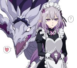 Rule 34 | 1girl, :o, ?, alternate costume, apron, black dress, castorice (honkai: star rail), dragon, dress, enmaided, flower, gloves, hair flower, hair ornament, heart, honkai: star rail, honkai (series), jewelry, long hair, looking at viewer, maid, maid headdress, momomatang, official alternate costume, open mouth, own hands together, pointy ears, pollux (honkai: star rail), purple eyes, purple flower, purple gloves, purple hair, ring, simple background, white apron, white background