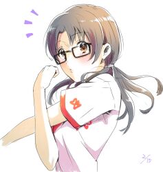 1girl animal_print black-framed_eyewear brown_eyes brown_hair butterfly_print clenched_hand commentary_request crossed_arms dated glasses highres idolmaster idolmaster_million_live! lesson_wear_(idolmaster_million_live!) light_blush long_hair looking_at_viewer low_twintails notice_lines o3o outstretched_arm parted_lips shirt short_sleeves simple_background solo sportswear stretching t-shirt takayama_sayoko twintails upper_body white_background white_shirt white_sleeves witoi_(roa)