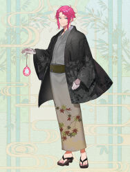Rule 34 | 1boy, ame tyaya, arm at side, black jacket, brown sash, chain paradox, closed mouth, ear piercing, earrings, full body, geta, gradient clothes, gradient kimono, green background, grey eyes, grey kimono, haori, highres, holding, jacket, japanese clothes, jewelry, kimono, leaf print, long sleeves, looking at viewer, male focus, maple leaf print, nail polish, open clothes, open jacket, parted bangs, piercing, pink hair, pink nails, sidelocks, sideways glance, smile, solo, standing, stud earrings, toenail polish, toenails, water yoyo