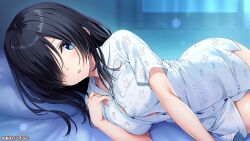 1girl :o aibeya_2 animal_print black_hair blue_eyes blush breasts commentary_request hair_over_one_eye indoors large_breasts looking_at_viewer lying misora_saku official_art on_bed on_side oryo_(oryo04) pajamas parted_lips pillow rabbit_print short_sleeves solo