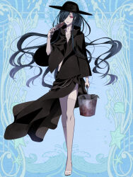 1boy androgynous bags_under_eyes bare_legs barefoot black_cloak black_hat black_nails black_sarong blue_background blue_hair bucket cloak colored_skin dairoku_ryouhei full_body grey_skin hair_over_one_eye half-closed_eyes hand_up hat holding holding_bucket holding_shovel kesshou_rubra l_(matador) light_smile long_hair looking_at_viewer male_focus multicolored_skin nail_polish one_eye_covered patchwork_skin ponytail rake red_eyes sarong shovel solo standing stitched_arm stitched_leg stitched_neck stitched_torso stitches sun_hat toenail_polish toenails two-tone_skin very_long_hair wallet_chain
