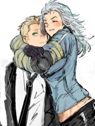 1212unotaro 1boy 1girl arms_around_neck black_gloves black_jacket black_necktie black_pants blonde_hair blue_eyes blue_shirt blush closed_eyes closed_mouth dorohedoro gloves grey_hair highres hug jacket light_smile long_hair looking_to_the_side midriff necktie no_eyewear noi_(dorohedoro) open_clothes open_jacket pants shin_(dorohedoro) shirt short_hair sideburns sideways_glance simple_background smile suit_jacket teeth white_background white_shirt