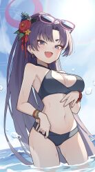 1girl :d absurdres bikini black_bikini blue_archive blue_sky bracelet breasts cleavage commentary_request earrings eyewear_on_head fang fingernails flower gluteal_fold hair_flower hair_ornament halo highres jewelry long_hair looking_at_viewer navel ocean official_alternate_costume official_alternate_hairstyle open_mouth outdoors purple-framed_eyewear purple_hair purple_halo skin_fang sky smile solo swimsuit toki_kimagure wading yukari_(blue_archive) yukari_(swimsuit)_(blue_archive)