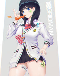 1girl black_hair black_skirt blue_eyes bow bowtie cardigan cowboy_shot grey_background gridman_universe hand_up highres long_hair long_sleeves looking_at_viewer mcg6 miniskirt mouth_hold orange_scrunchie pleated_skirt red_bow red_bowtie scrunchie shirt skirt solo ssss.gridman standing takarada_rikka teeth_hold thighs white_cardigan white_shirt wrist_scrunchie