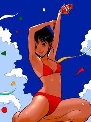 Rule 34 | 1girl, arms up, bikini, black eyes, black hair, blue background, breasts, can, cloud, cloudy sky, collarbone, halterneck, highres, holding, holding can, looking at viewer, memphis design, navel, nucca dzuke, original, red bikini, sitting, sky, solo, swimsuit, tan