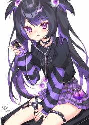 1girl acdc belt black_belt black_hair black_nails black_shirt chain choker collar cowboy_shot digital_media_player earphones eyeball eyeball_hair_ornament female_focus fingernails garter_belt hair_ornament heart-shaped_lock highres idol_corp ipod layered_sleeves lightning_bolt lightning_bolt_hair_ornament lightning_bolt_symbol long_hair long_sleeves miniskirt multicolored_hair nail_polish o-ring o-ring_choker plaid_clothes plaid_skirt pleated_skirt purple_eyes purple_hair purple_skirt roca_rourin_(vtuber) shirt short_sleeves sidelocks sitting skirt solo spiked_choker spikes striped_sleeves thigh_strap twintails two-tone_hair virtual_youtuber watashishi