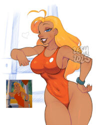 1girl 2025 20s ahoge blonde_hair blue_eyes blush breasts collarbone comparison dark_skin disney grin hand_on_own_hip heart heart_ahoge highres large_breasts lifeguard lifeguard_(lilo_&amp;_stitch) lifeguard_chair lilo_&amp;_stitch long_hair looking_at_viewer one-piece_swimsuit red_one-piece_swimsuit reference_inset smile standing swimsuit teeth watch wide_hips wristwatch zeshgolden
