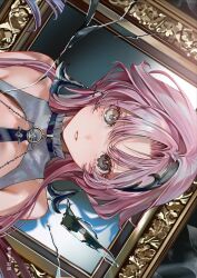 Rule 34 | 1girl, bare shoulders, bema (sinsekai), brown eyes, character name, close-up, commentary request, copyright name, earrings, grey eyes, hair ornament, heterochromia, highres, jewelry, kamitsubaki studio, long hair, looking at viewer, official art, parted bangs, parted lips, picture frame, pink hair, second-party source, sideways, sinsekai record, solo, tnpp coc, upper body, virtual youtuber