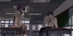 Rule 34 | 1boy, 1girl, arm behind head, artist request, bad id, bad pixiv id, blazer, clannad, classroom, covered mouth, dark, fujibayashi kyou, hidden eyes, hidden face, highres, hikarizaka private high school uniform, jacket, long hair, looking at another, necktie, okazaki tomoya, purple hair, red necktie, sailor collar, school uniform, serafuku, sitting, sitting on table, skirt
