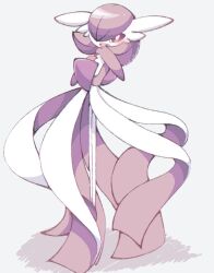 blush colored_skin dress gardevoir gen_3_pokemon grey_background hair_over_one_eye multicolored_skin narumiya_pkmn nintendo open_mouth pink_eyes pokemon pokemon_(creature) signature simple_background smile two-tone_skin white_dress white_skin