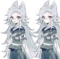 Rule 34 | 1girl, :d, ac warlock, animal ears, aotsuki eito, armband, black serafuku, bow, eyeshadow, genderswap, genderswap (mtf), glasses, grey eyes, grey hair, highres, kemonomimi mode, last defense academy school uniform, long hair, looking at viewer, makeup, multiple expressions, multiple views, open mouth, red eyeshadow, school uniform, serafuku, simple background, smile, the hundred line -last defense academy-, white armband, white background, white bow, white undershirt
