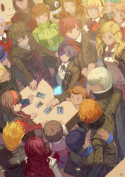 10s 6+boys 6+girls :d aigis_(persona) ahoge amada_ken amagi_yukiko amamiya_ren androgynous android aragaki_shinjirou arm_around_shoulder atlus badge beanie black_hair black_jacket black_skirt blazer blonde_hair blue_hair blunt_bangs blush bow bowtie breasts brown_eyes brown_hair bug butterfly button_badge buttons card child closed_mouth clothes_writing club3 collared_shirt doujima_nanako dress_shirt everyone facial_hair from_above frown glasses glowing_butterfly green_hair grey_eyes grey_hair grin hair_between_eyes hair_ornament hair_over_one_eye hairband hairclip hand_on_another&#039;s_shoulder hat hat_over_one_eye head_out_of_frame headphones highres houndstooth insect iori_junpei jacket kirijou_mitsuru kneehighs kujikawa_rise kuma_(persona_4) leaning_forward long_hair long_sleeves looking_at_another mask medium_breasts megami_tensei miniskirt morgana_(persona_5) multiple_boys multiple_girls narukami_yu neck_ribbon one_eye_covered open_clothes open_jacket open_mouth pants pantyhose parted_lips persona persona_3 persona_3_portable persona_4 persona_5 plaid_clothes plaid_pants profile red_bow red_bowtie red_eyes red_hair ribbon sakamoto_ryuuji sanada_akihiko satonaka_chie school_uniform serafuku shin_megami_tensei shiomi_kotone shirogane_naoto shirt short_hair signature sitting skirt smile smiley_face socks spiked_hair standing stubble sweater sweater_vest swept_bangs table takamaki_anne takeba_yukari tarot tarot_card tatsumi_kanji turtleneck twintails white_hair white_legwear white_shirt yamagishi_fuuka yousuke_hanamura yuuki_makoto_(persona_3)