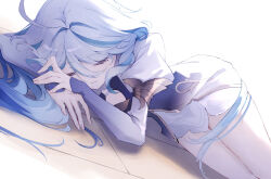 Rule 34 | 1girl, absurdres, ahoge, blue hair, closed eyes, dress, focalors (genshin impact), furina (genshin impact), genshin impact, hair between eyes, haru same322, highres, juliet sleeves, light blue hair, long hair, long sleeves, lying, multicolored hair, on side, puffy sleeves, solo, streaked hair, very long hair, white dress