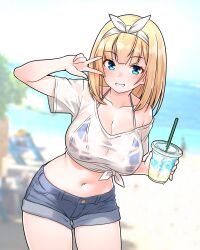 1girl absurdres beach bikini bikini_top_only bikini_under_clothes blonde_hair blue_eyes blush bow bow_hairband commentary_request cup disposable_cup drinking_straw furaggu_(frag_0416) grey_shorts grin hairband highres holding holding_cup kantai_collection looking_at_viewer medium_hair navel ocean outdoors rodney_(kancolle) see-through_clothes see-through_shirt shirt short_shorts shorts smile solo stomach swimsuit teeth thighs tied_shirt union_jack_bikini variant_set w white_bow white_hairband white_shirt